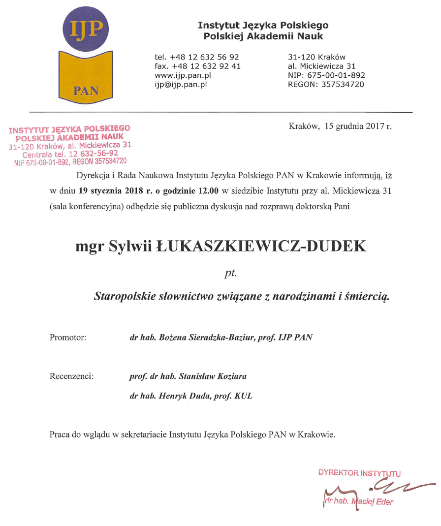 Zawiadomienie o publicznej obronie rozprawy doktorskiej mgr Sylwii Łukaszkiewicz-Dudek